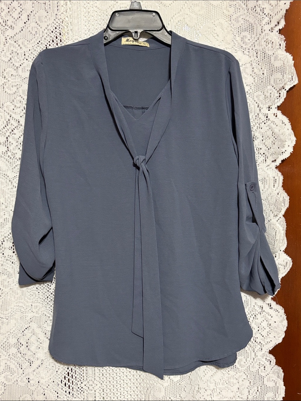 Tie-Neck Blouse in Slate Blue - Women's Top size Large